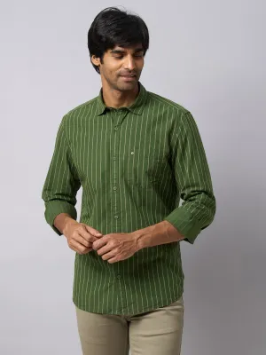 100% Cotton Olive Green Striped Slim Fit Full Sleeve Casual Shirt