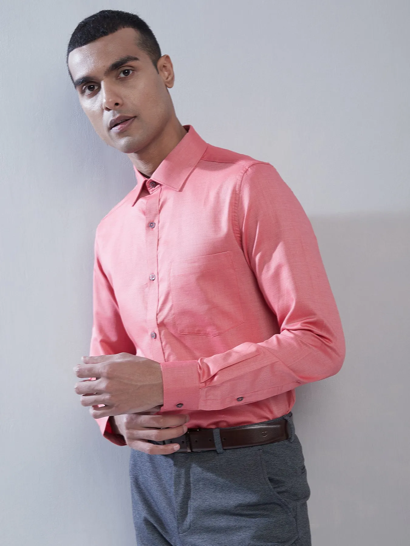 100% Cotton Peach Dobby Slim Fit Full Sleeve Formal Shirt