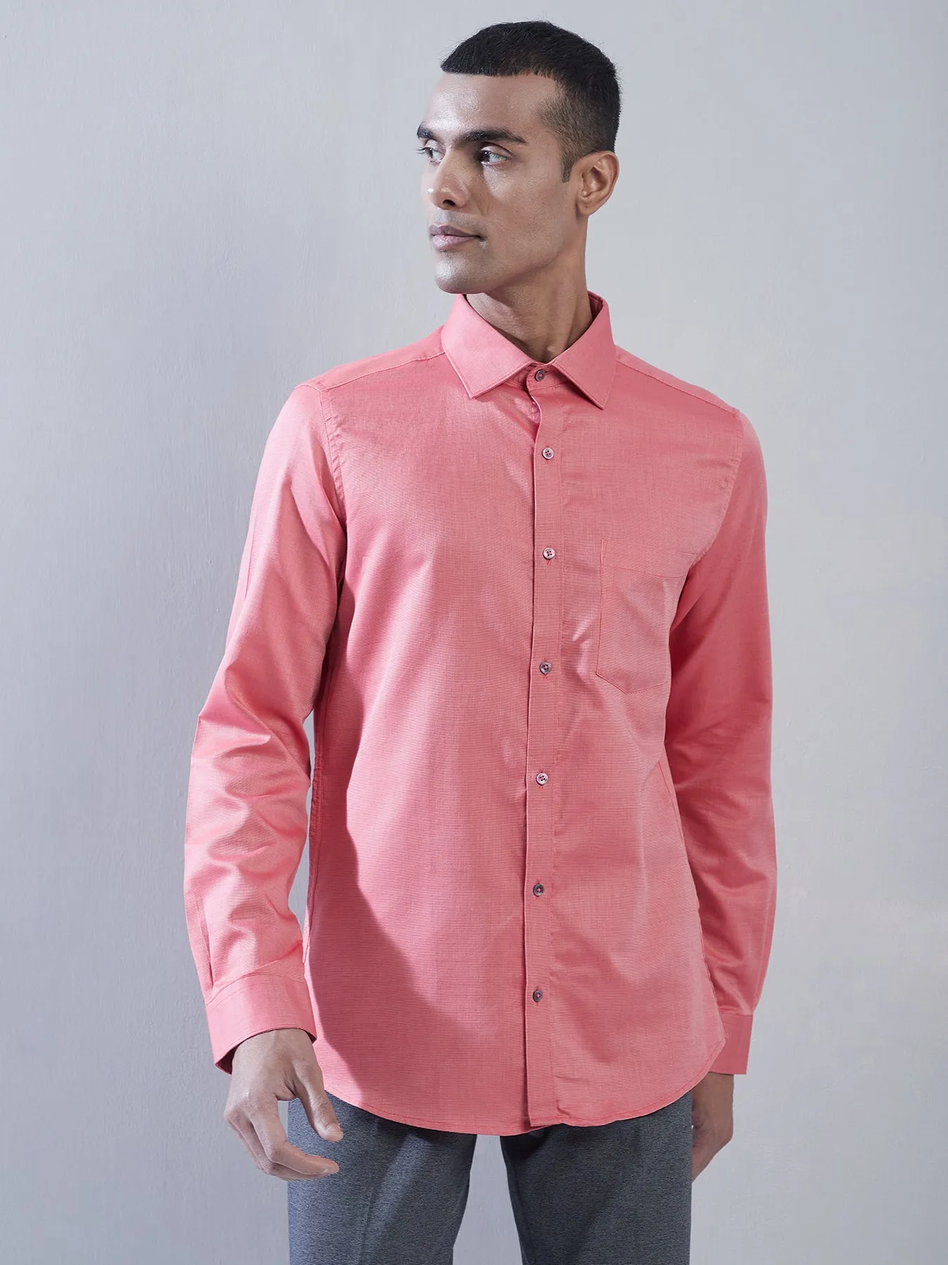 100% Cotton Peach Dobby Slim Fit Full Sleeve Formal Shirt