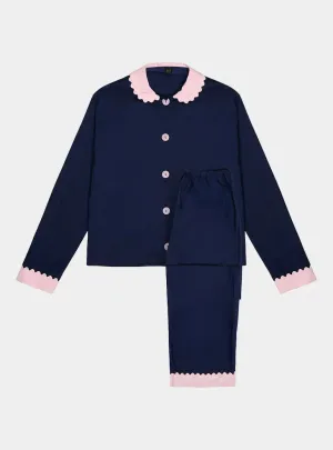 100% Cotton Poplin Navy Long Pyjamas With Pink Collar and Cuffs With Ric Rac Trim