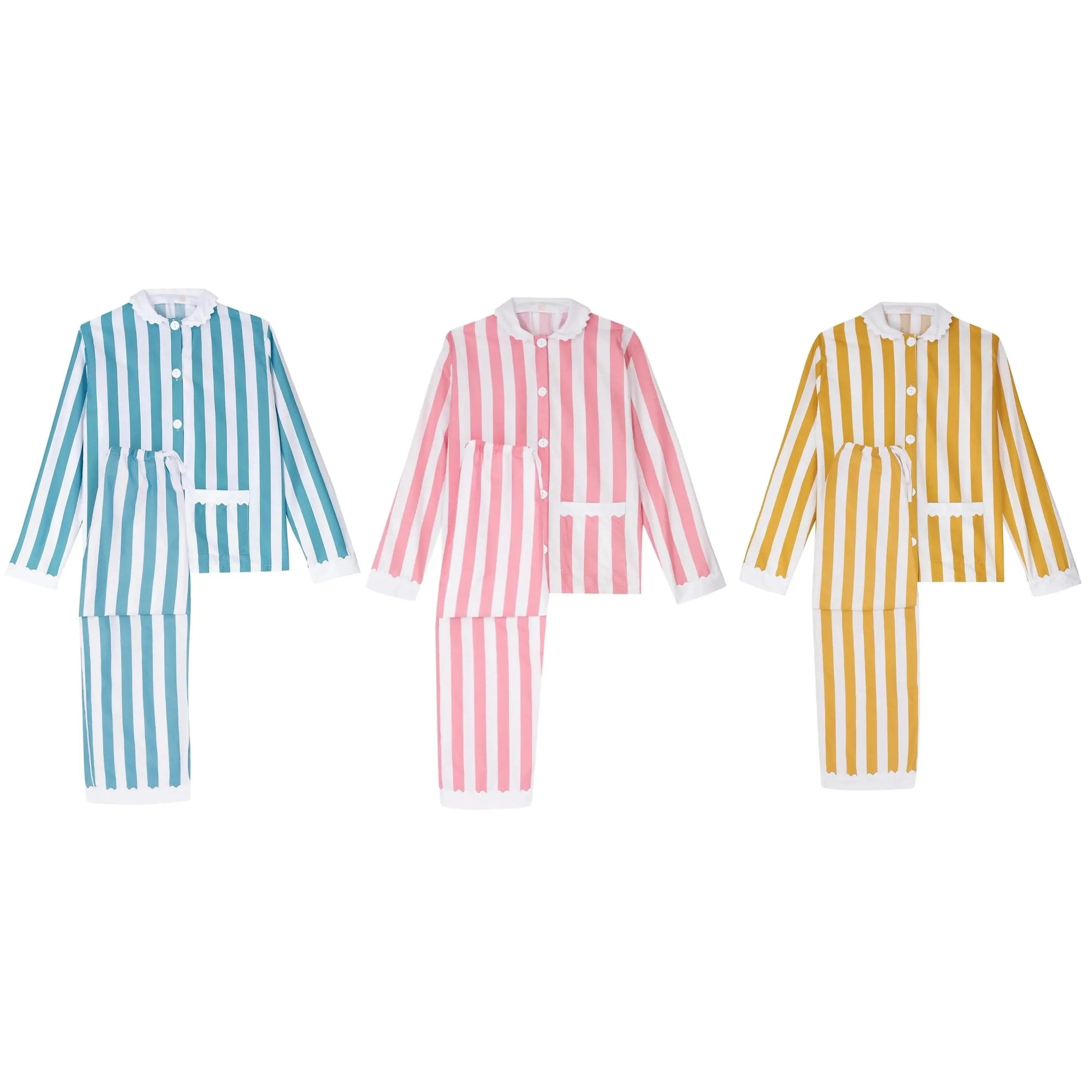 100% Cotton Poplin Pink  & White Stripe Long Pyjamas With Side Pocket, White Collar and Cuffs Ric Rac Trim