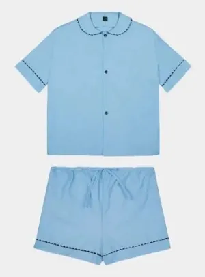 100% Cotton Poplin Pyjamas in Pastel Blue With Black Contrasting Ric Rac Trim