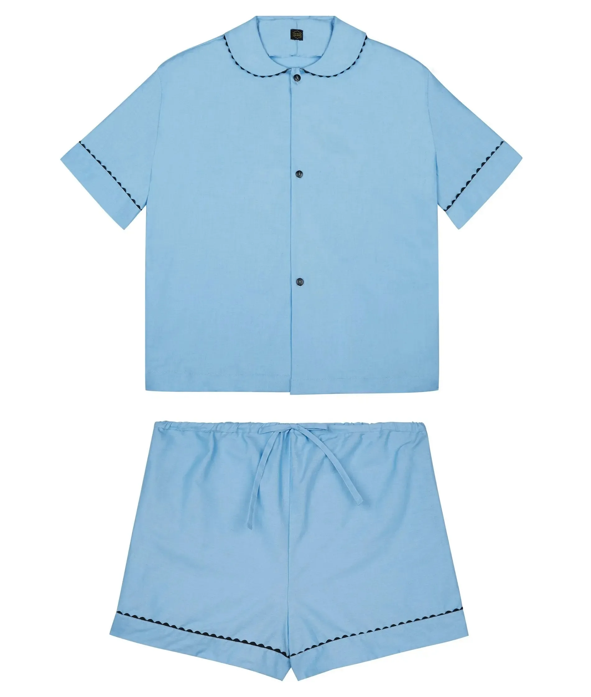 100% Cotton Poplin Pyjamas in Pastel Blue With Black Contrasting Ric Rac Trim