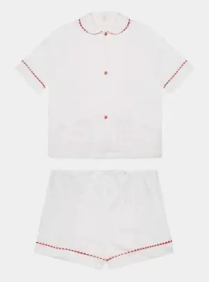 100% Cotton Poplin Pyjamas in White With Red Contrasting Ric Rac Trim