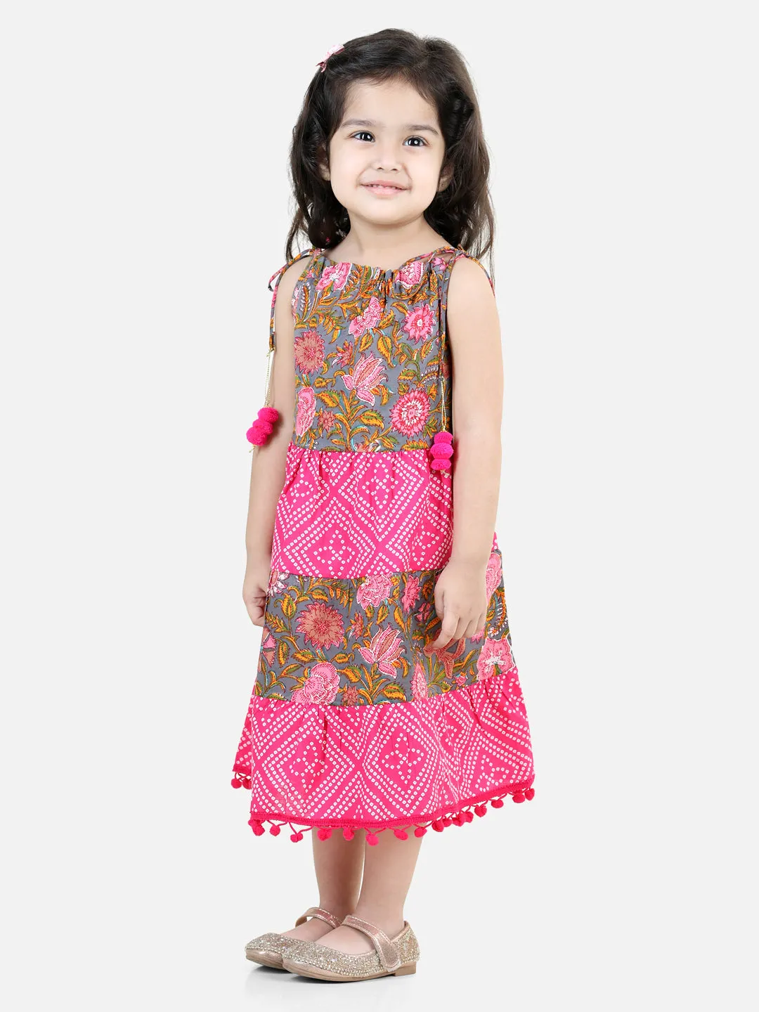 100% Cotton Printed Tier Frock For Baby Girls- Pink