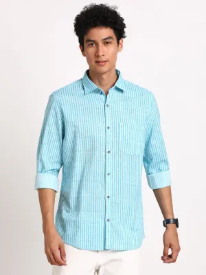 100% Cotton Turquoise Printed Slim Fit Full Sleeve Casual Shirt