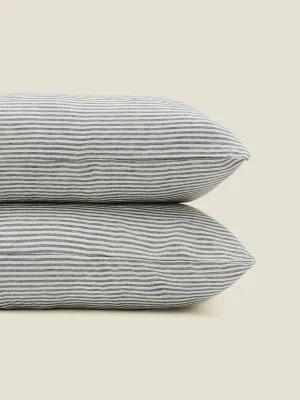 100% Linen Pillowcase Set (of two) in Blue Stripes