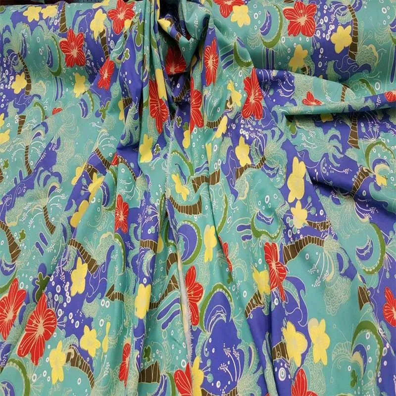 100% Rayon Challis Tropical Blue Orange Color Palm Tree Flowers On Aqua Background Fabric