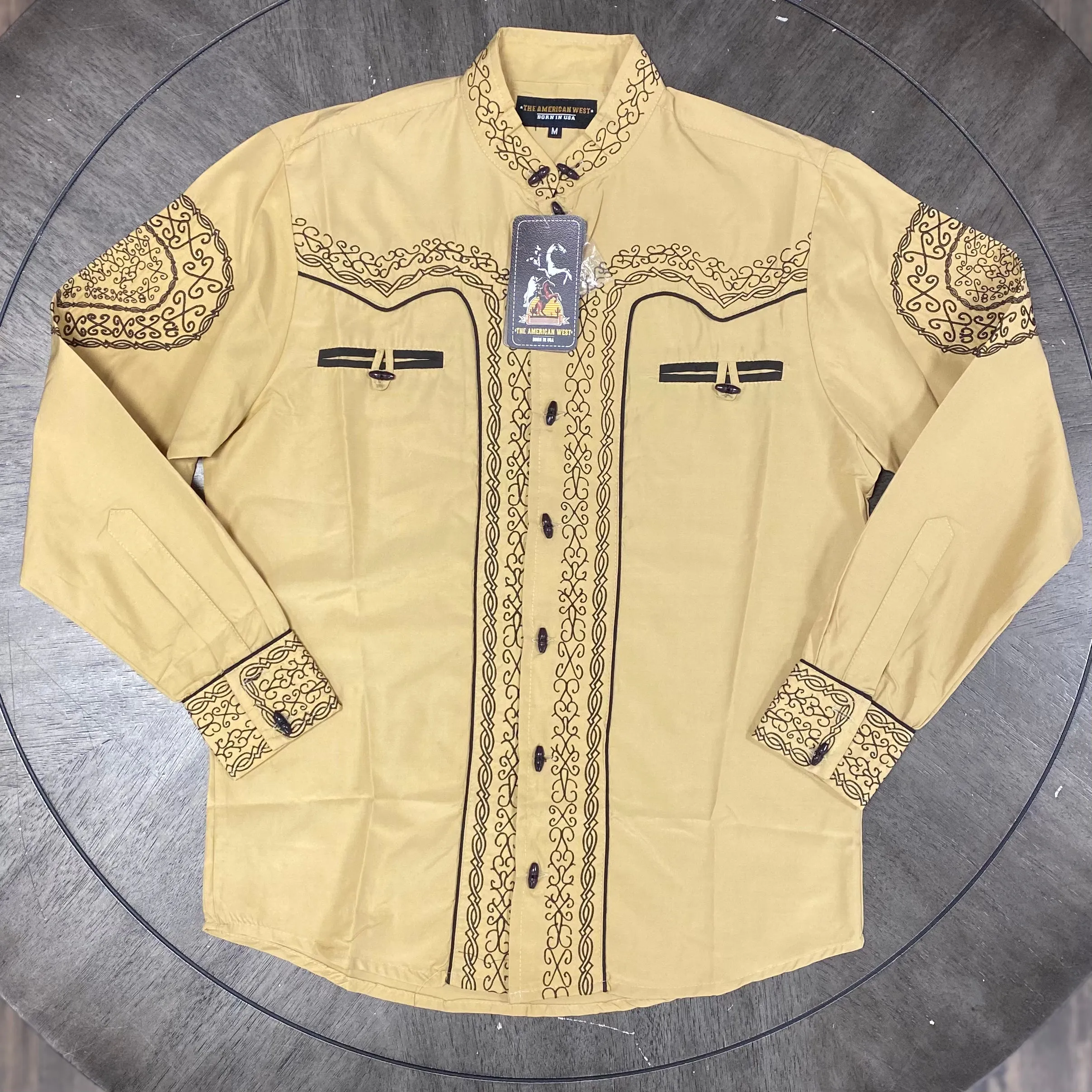 1009 - The American West Men's Embroidered Charro LS Button Shirt - Khaki