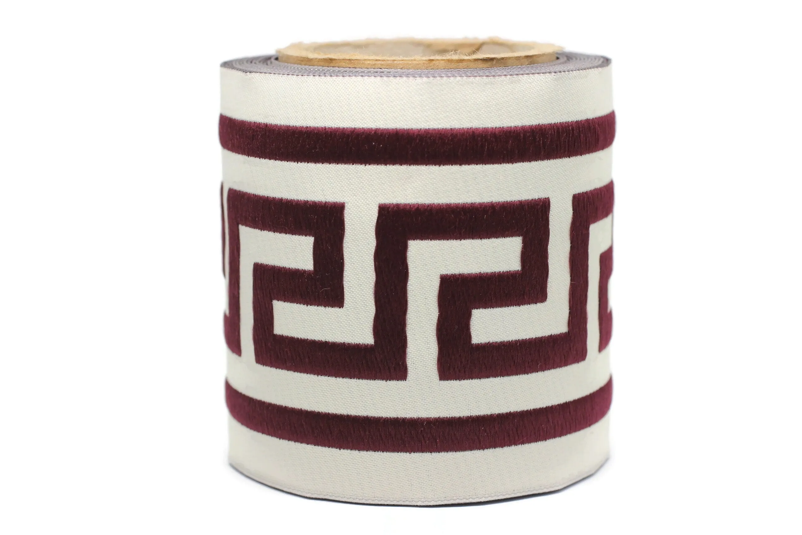 100mm Beige&Claret Red Greek Key Ribbons (3.93 inch), Meander Jacquard Trim, Drapery Trim Tape, Curtain Making Upholstery Fabric 197 V6