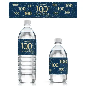 100th Birthday: Navy Blue & Gold - Adult Birthday - Water Bottle Labels - 24 Waterproof Stickers