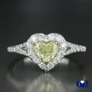 1.02 Heart Cut Fancy Yellow Diamond Halo Engagement Ring 14K White Gold