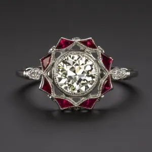 1.05ct G SI2 OLD EUROPEAN CUT DIAMOND COCKTAIL RING VINTAGE STYLE RUBY HALO RED