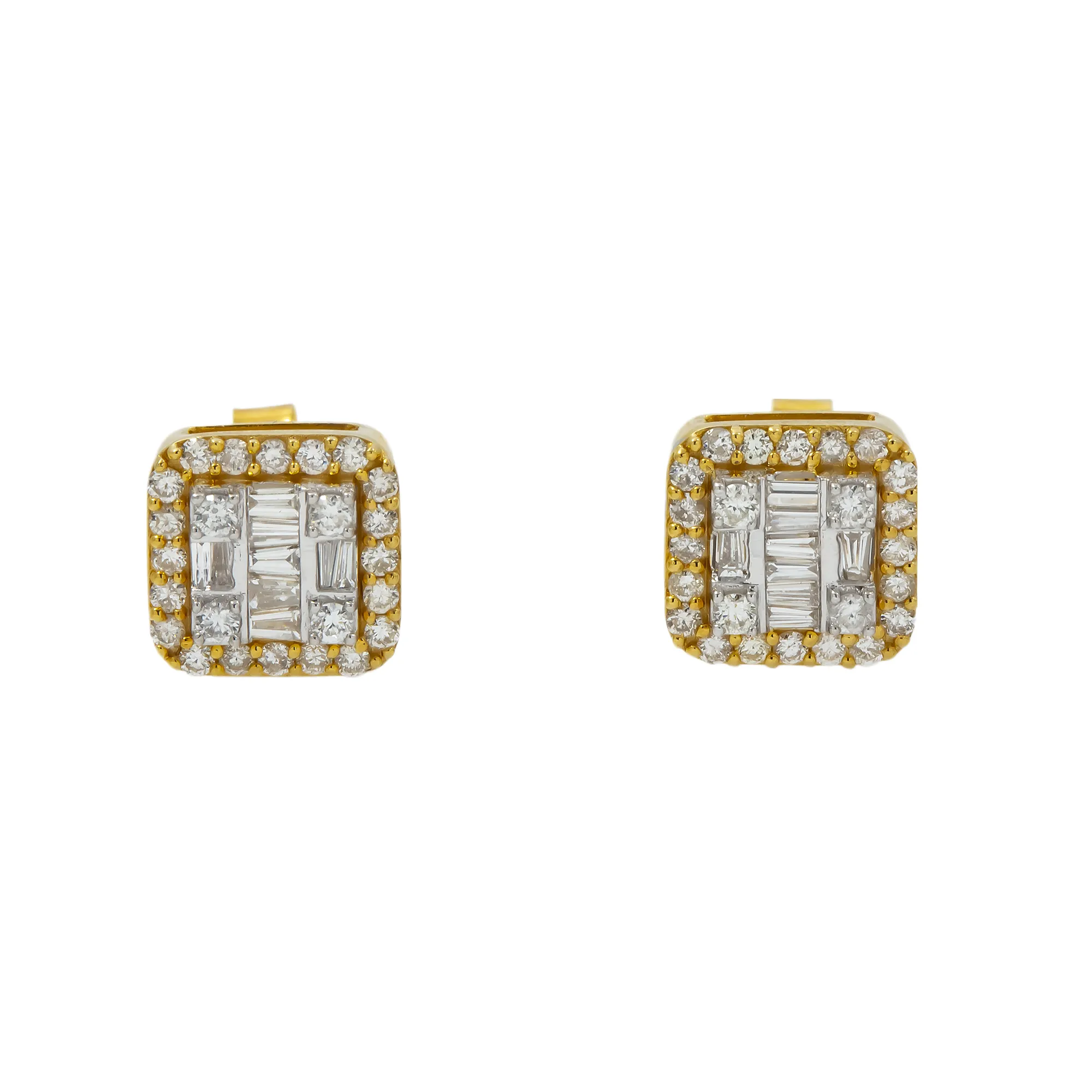 10K GOLD BAGUETTE AND ROUND DIAMOND CLUSTER SQUARE SHAPE EARRINGS 0.97 CTW