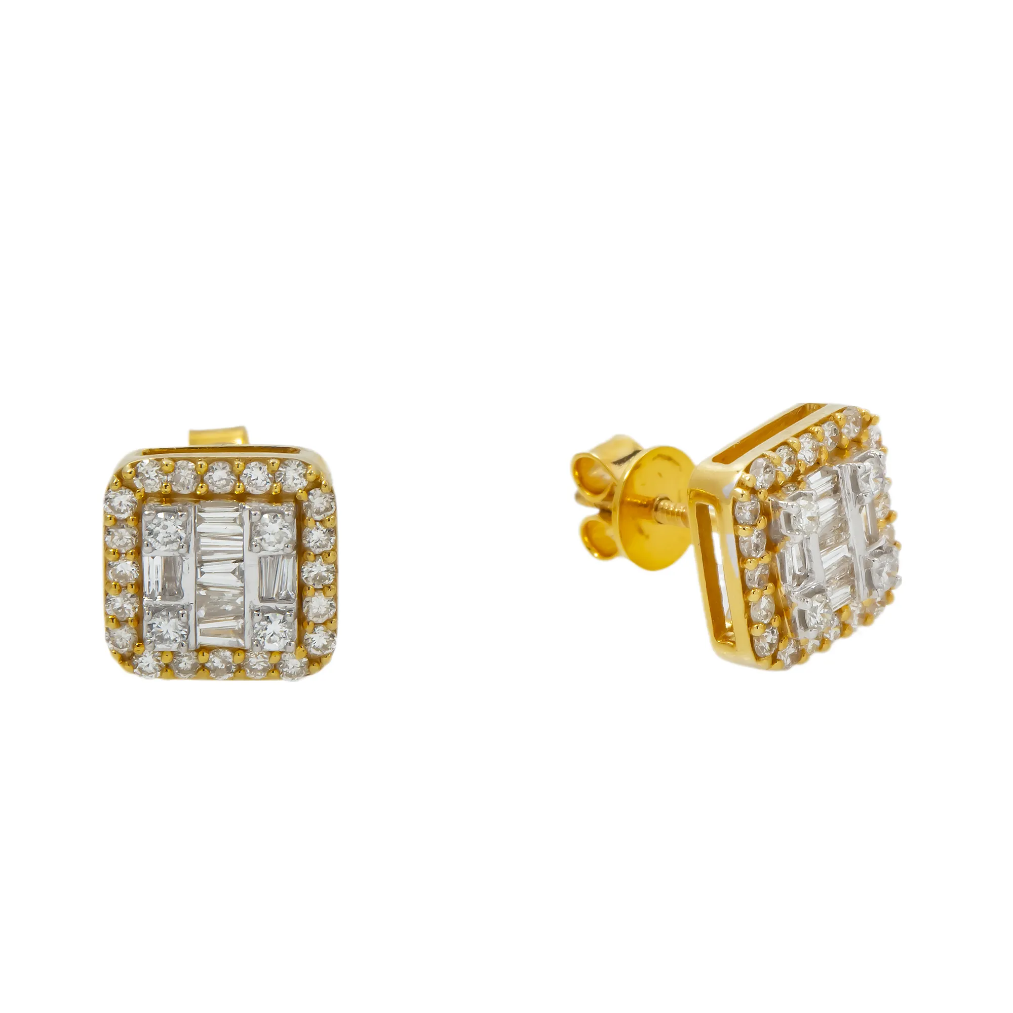 10K GOLD BAGUETTE AND ROUND DIAMOND CLUSTER SQUARE SHAPE EARRINGS 0.97 CTW