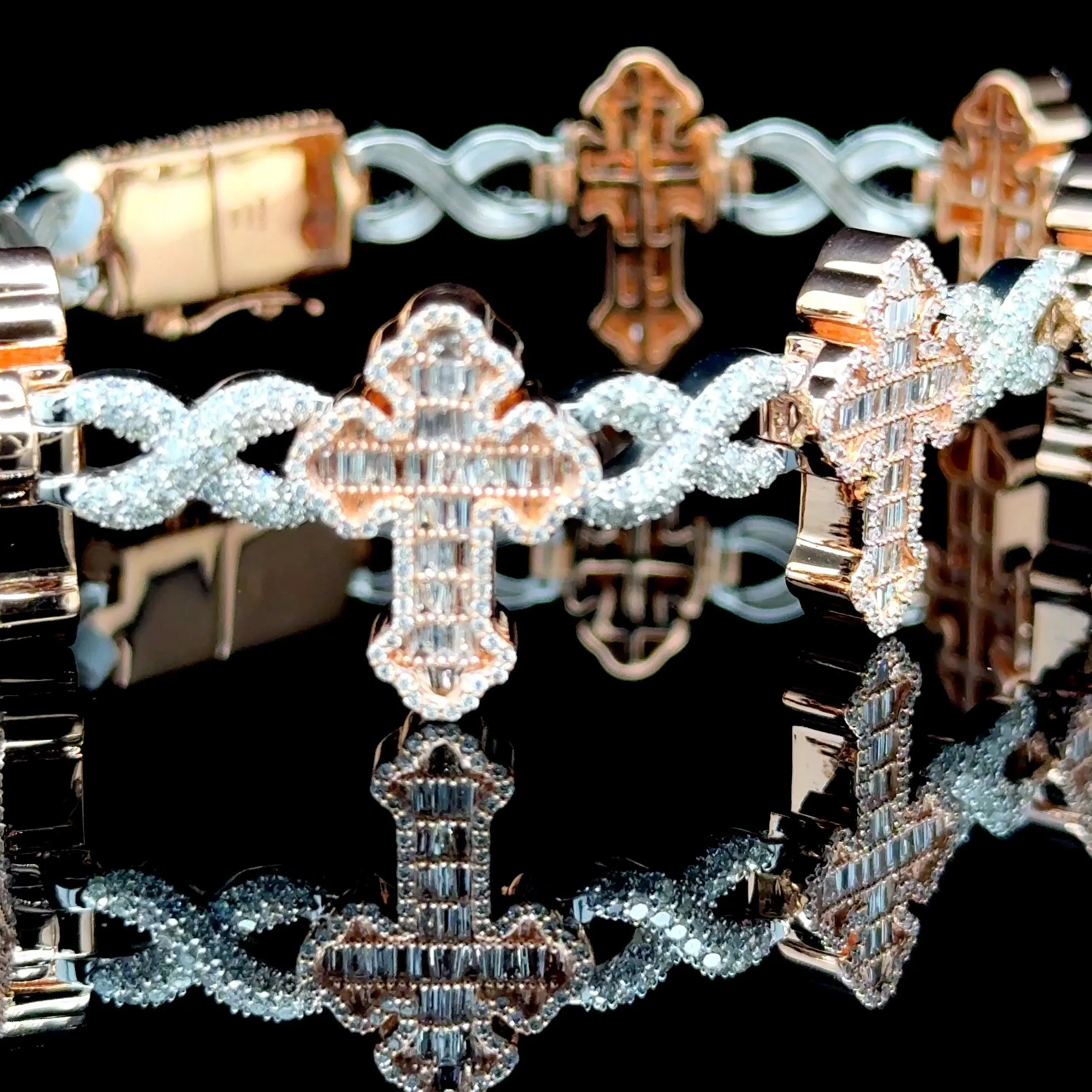 10K Rose & White Gold Diamond Cross Bracelet (7.01ct)