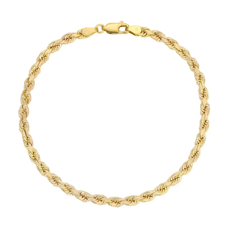 10K Yellow 3.00mm-7.00mm Diamond CUT Hollow ROPE Bracelets