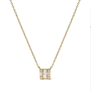 10K Yellow Gold 1/10 Cttw Round and Baguette Diamond Mosaic Composite Square 18" Inch Pendant Necklace (H-I Color, I1-I2 Clarity)