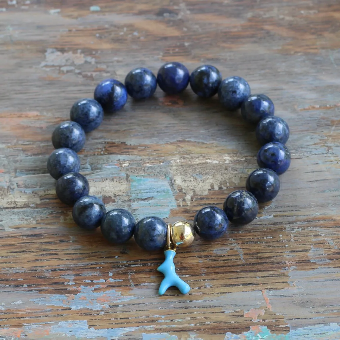 10mm Dumorierite with Blue Coral Charm