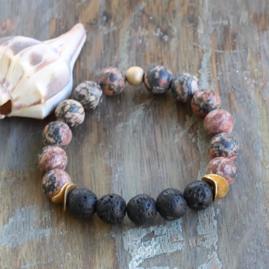 10mm Lava Stone and Leopard Jasper Bracelet