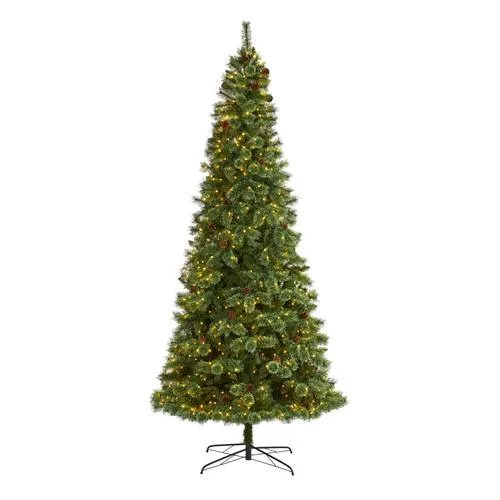 10'White Mountain Pine Artificial Christmas Tree with 850 Clear LED Lights and Pine Cones