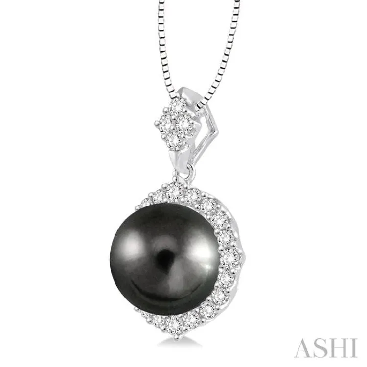 10x10 MM Black Cultured Pearl and 1/2 Ctw Round Cut Diamond Pendant in 14K White Gold with chain