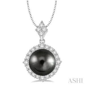 10x10 MM Black Cultured Pearl and 1/2 Ctw Round Cut Diamond Pendant in 14K White Gold with chain