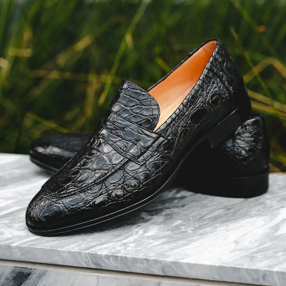 11-201-BKM ROMA Crocodile Penny Loafer, Black