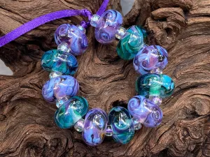 11 Purple & Teal Green Swirl Lampwork Beads Set SRA