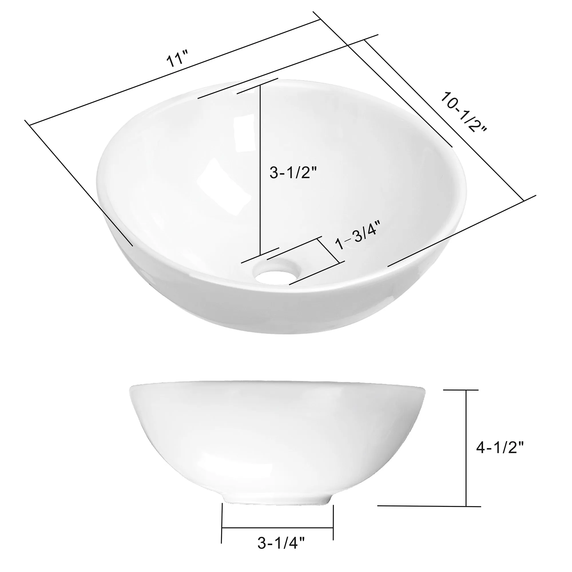 11" Round White Ceramic VesselBathroom Sink -Above Counter - Miligore