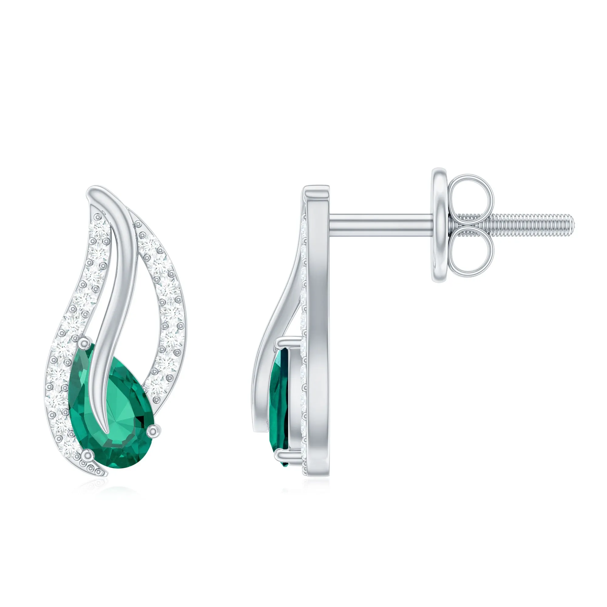 1/2 CT Created Emerald and Diamond Leaf Stud Earrings