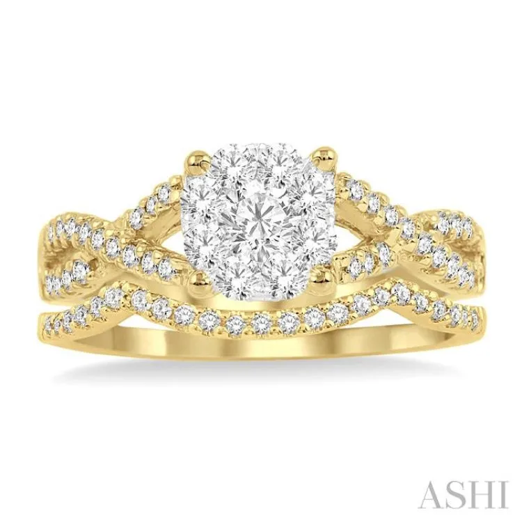 1/2 Ctw Diamond Wedding Set with 1/3 Ctw Lovebright Engagement Ring and 1/10 Ctw Wedding Band in 14K Yellow and White Gold