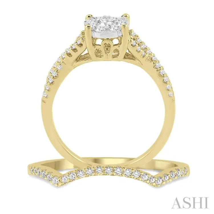 1/2 Ctw Diamond Wedding Set with 1/3 Ctw Lovebright Engagement Ring and 1/10 Ctw Wedding Band in 14K Yellow and White Gold