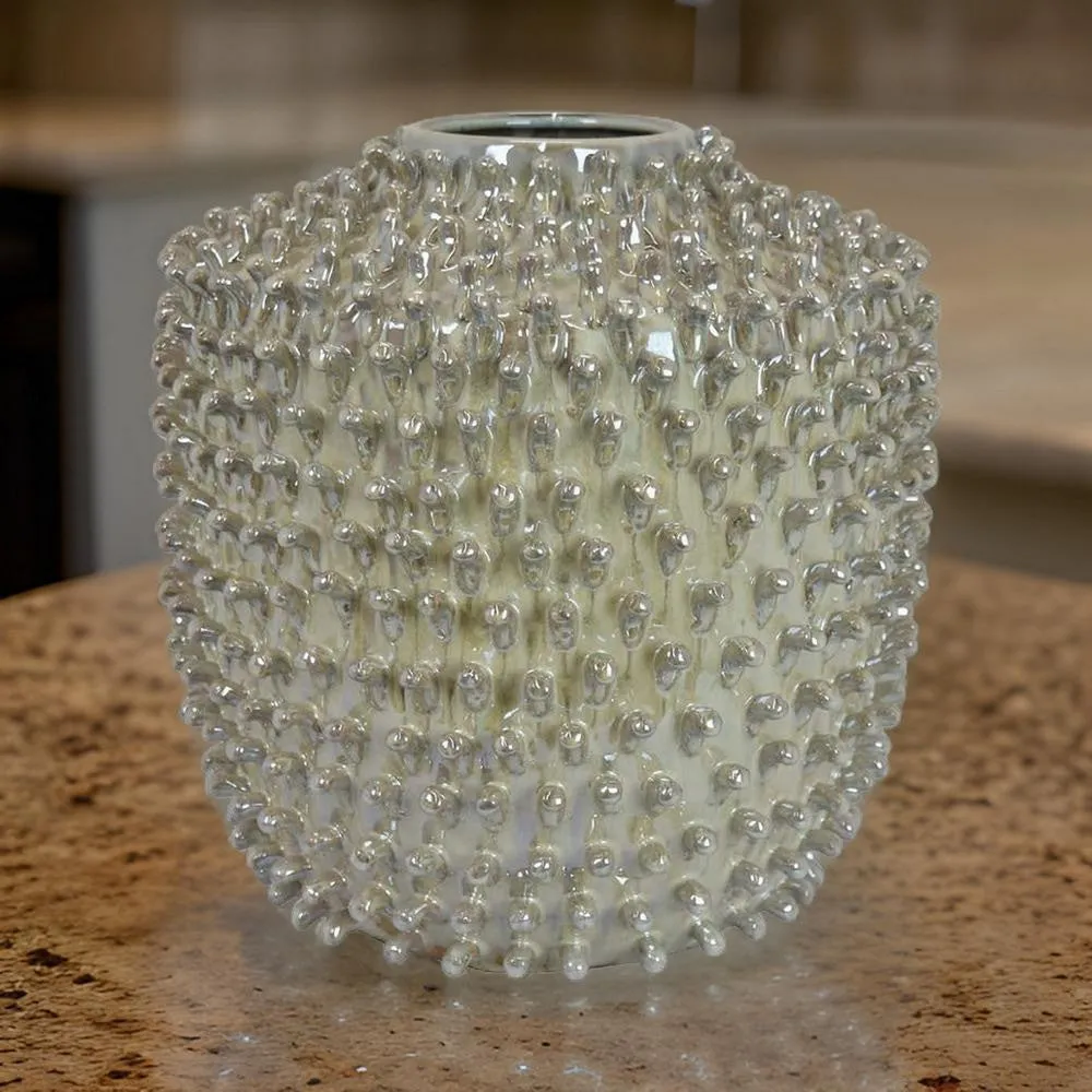 12 Inch Accent Vase, Modern Studded Accents, Distressed Gray Ceramic Finish By Casagear Home