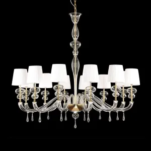 12 Light Transparent Glass Chandelier with White Lampshades