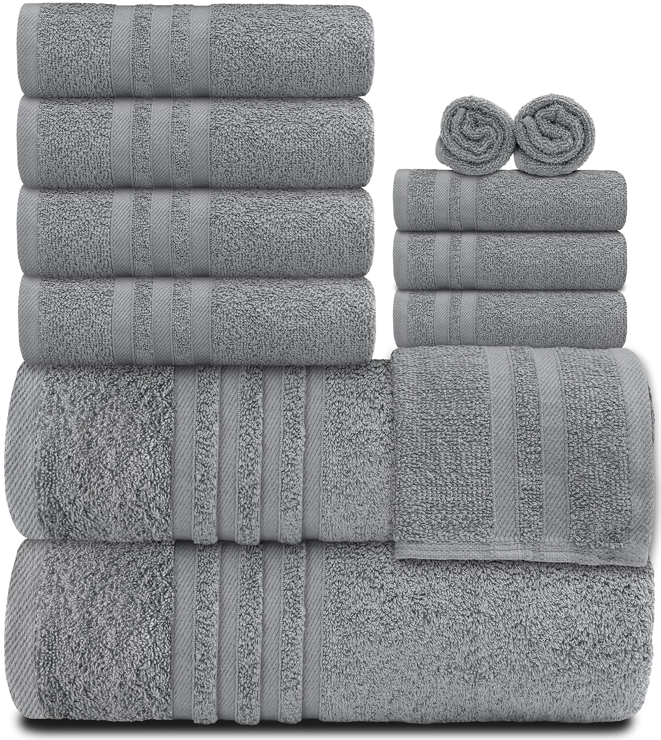 12 Pcs Bath Towel Set for Bathroom Wealuxe Collection 100% Cotton Light Gray