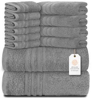 12 Pcs Bath Towel Set for Bathroom Wealuxe Collection 100% Cotton Light Gray