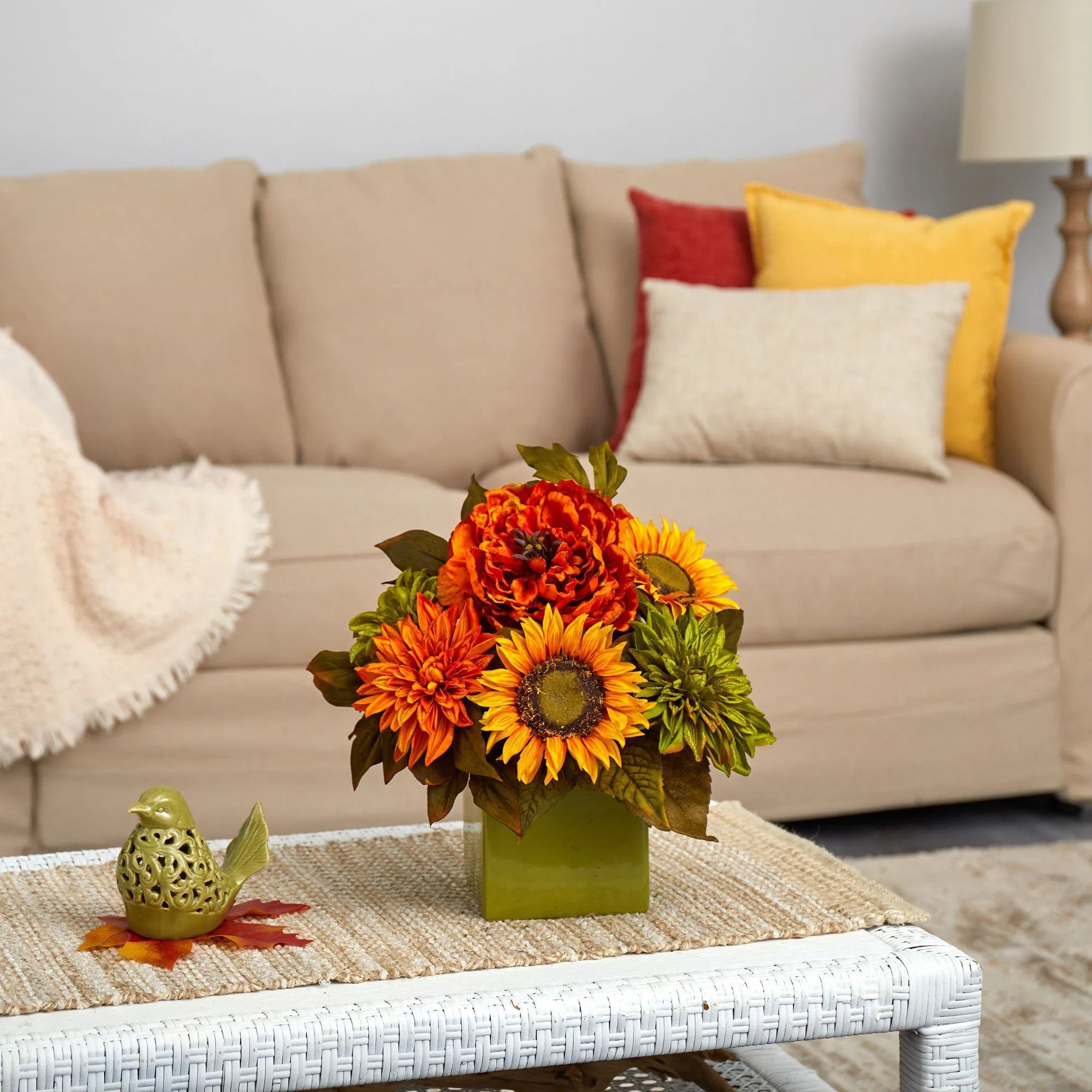 12” Peony, Dahlia and Sunflower Artificial Arrangement in Green Vase