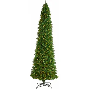 12' Slim Green Mountain Pine Artificial Christmas Tree with Clear LED Lights