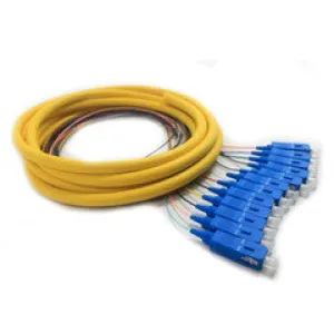 12 Strand Fiber Distribution Pigtail, Singlemode, SC/UPC Connectors, Blue Boots, 3 meter(1m 900um fanout   2m distribution tail)