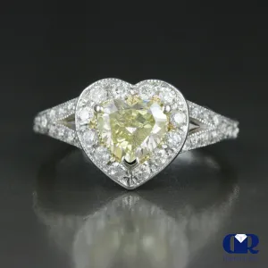 1.20 Carat Heart Shaped Fancy Yellow Diamond Halo Engagement Ring 14K White Gold