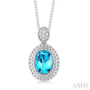 1/20 ctw Oval Cut 8X6 MM Blue Topaz and Round Cut Diamond Semi Precious Pendant With Chain in Sterling Silver