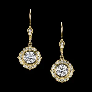 1.22ctw LAB CREATED DIAMOND DANGLE EARRINGS VINTAGE STYLE HALO DROP YELLOW GOLD