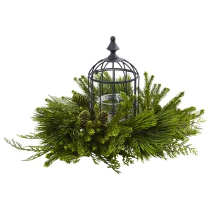 12.5" Artificial Mixed Pine Birdhouse Candelabrum, Hangable Cage Holds Candles That Creates A Tranquil Mood.