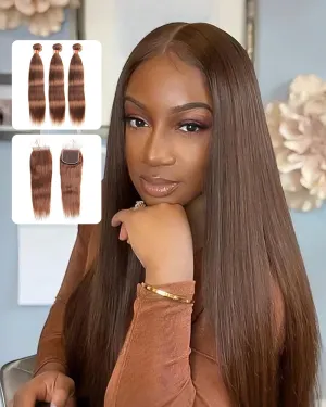 {12A 3Pcs Closure} Dark Brown #4 Color 3 Bundles Straight Hair With 4x4 Lace Closure