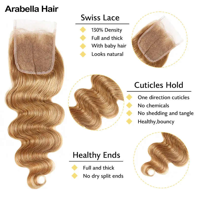 {12A 3Pcs Closure} Light Brown #27 Colored 3 Bundles Body Wave Hair With 4x4 Lace Closure