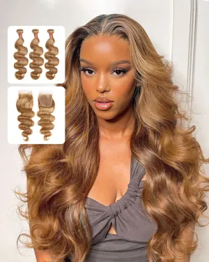 {12A 3Pcs Closure} Light Brown #27 Colored 3 Bundles Body Wave Hair With 4x4 Lace Closure