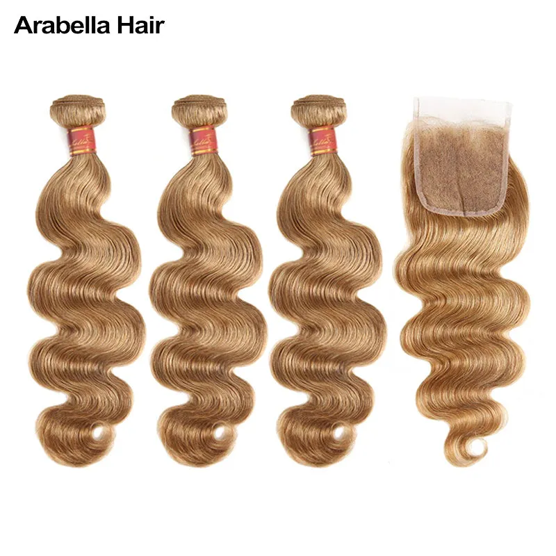 {12A 3Pcs Closure} Light Brown #27 Colored 3 Bundles Body Wave Hair With 4x4 Lace Closure