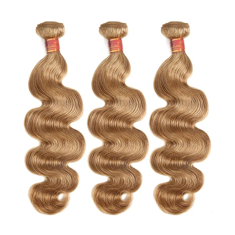 {12A 3Pcs Closure} Light Brown #27 Colored 3 Bundles Body Wave Hair With 4x4 Lace Closure