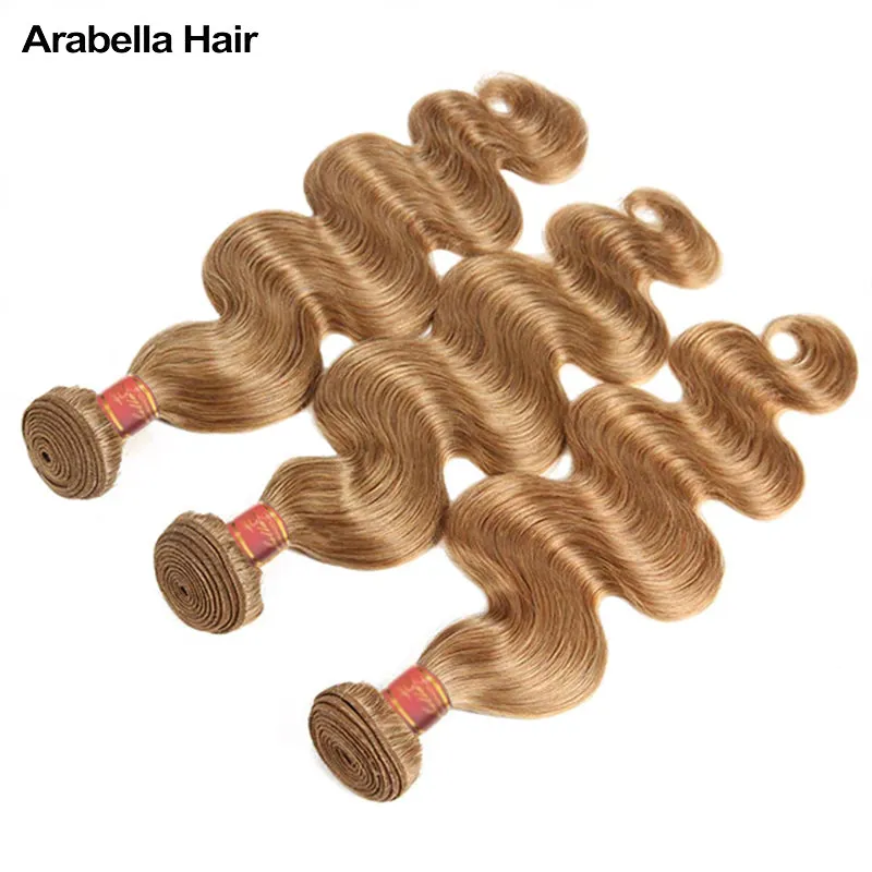 {12A 3Pcs Closure} Light Brown #27 Colored 3 Bundles Body Wave Hair With 4x4 Lace Closure